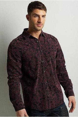 VintageRed Dark Burgundy Flock Brocade Button-Up