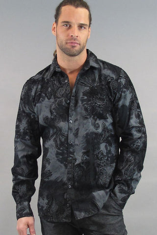 VintageRed Black Flock Paisley Button-Up