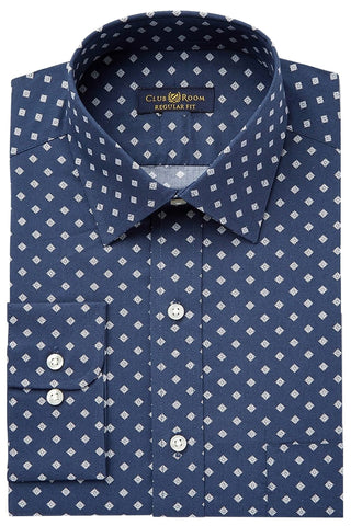 Club Room Navy Printed Wrinkle Resistant Button Up Dress Shirt