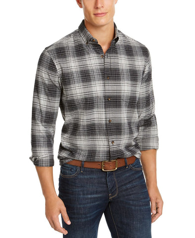 Club Room Stretch Brushed Cotton Plaid Shirt  Soft Grey