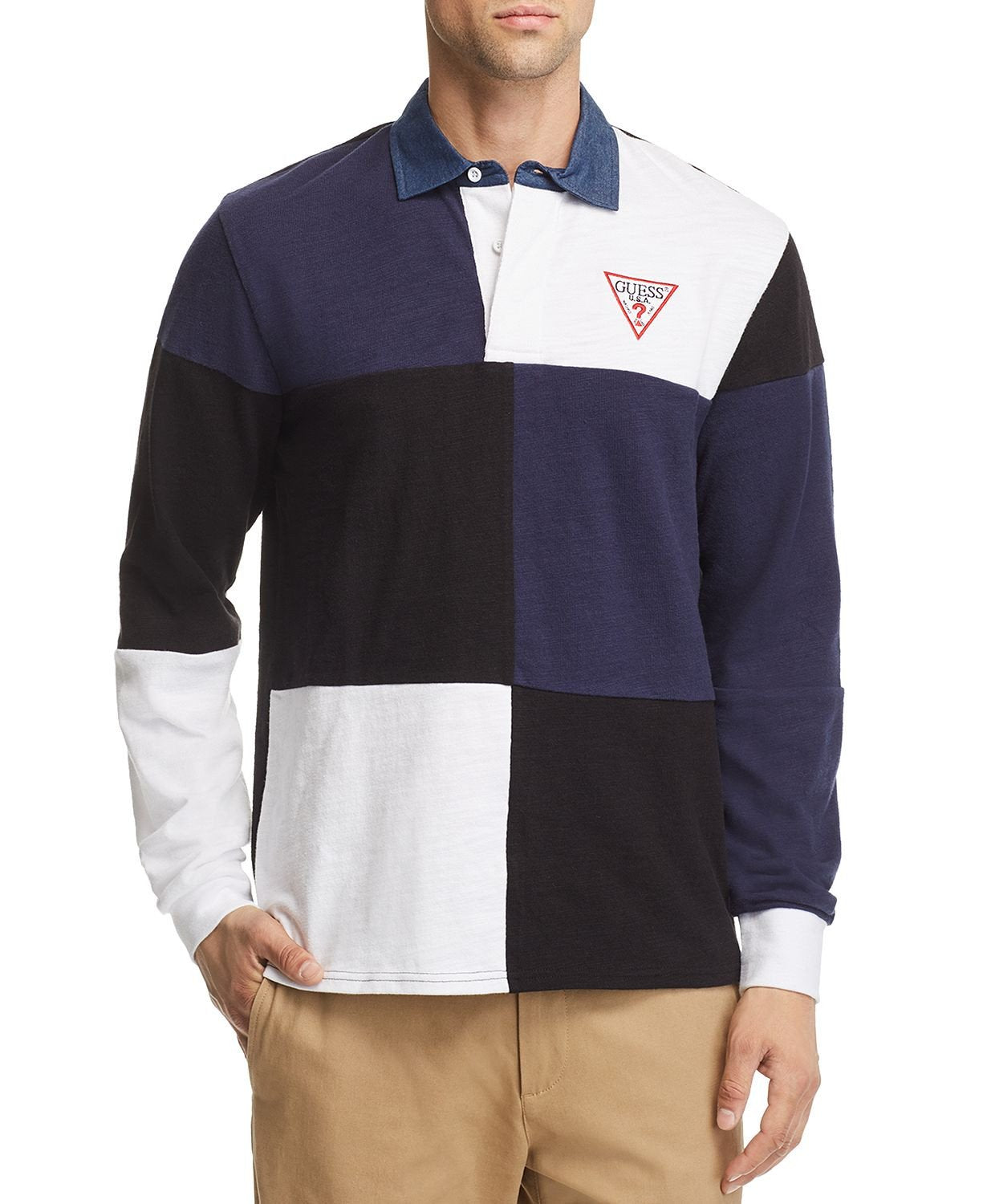 Guess Caleb Long-sleeve Color-block Polo Shirt Blue Navy Multi