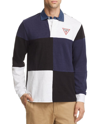 Guess Caleb Long-sleeve Color-block Polo Shirt Blue Navy Multi