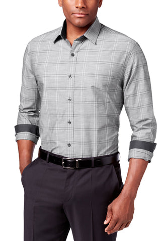 Tasso Elba Grey Combo Minimal Plaid Chambray Roll Tab Shirt