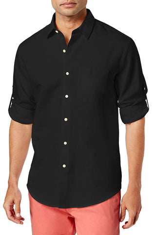 Tasso Elba Island Black Linen-Blend Adjustable Sleeves Button-Down Shirt