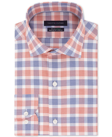 Tommy Hilfiger Classic/regular Fit Non-iron Thflex Supima Performance Stretch Check Dress Shirt Orange