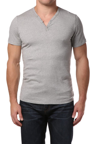 Trend Grey Marle Y-Neck Henley Tee