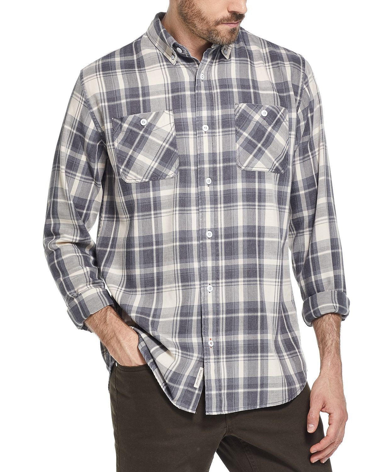 Weatherproof Vintage  Indigo Blues Plaid Shirt White